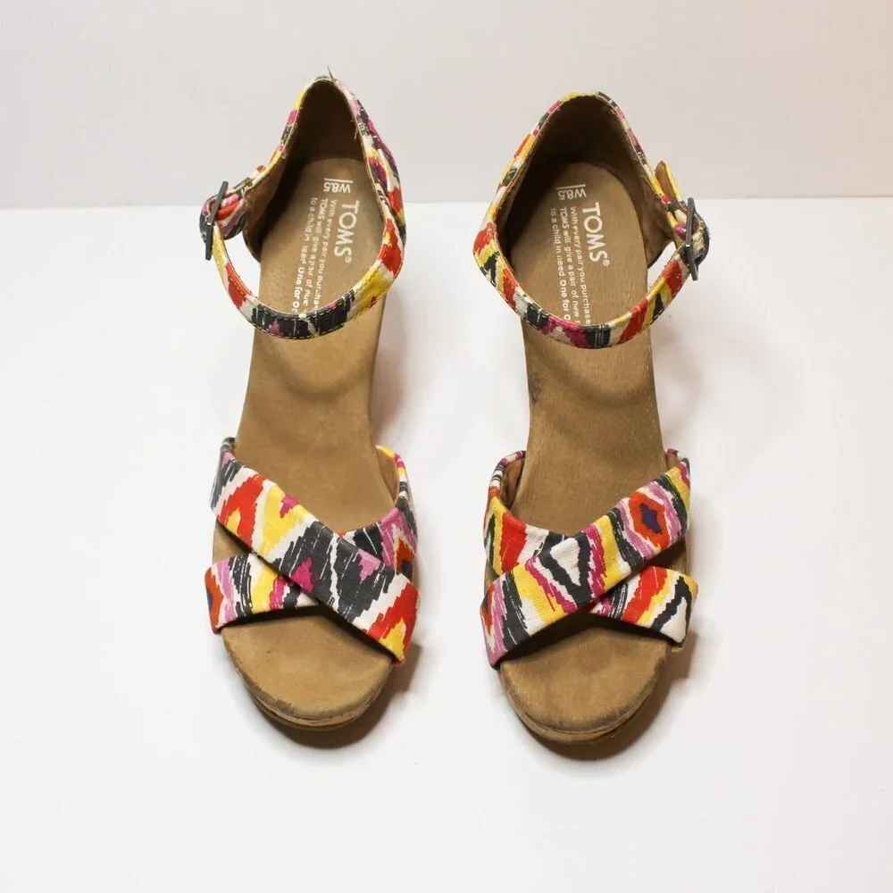 TOMS colorful Ikat‎ cork wedge sandal size 8.5